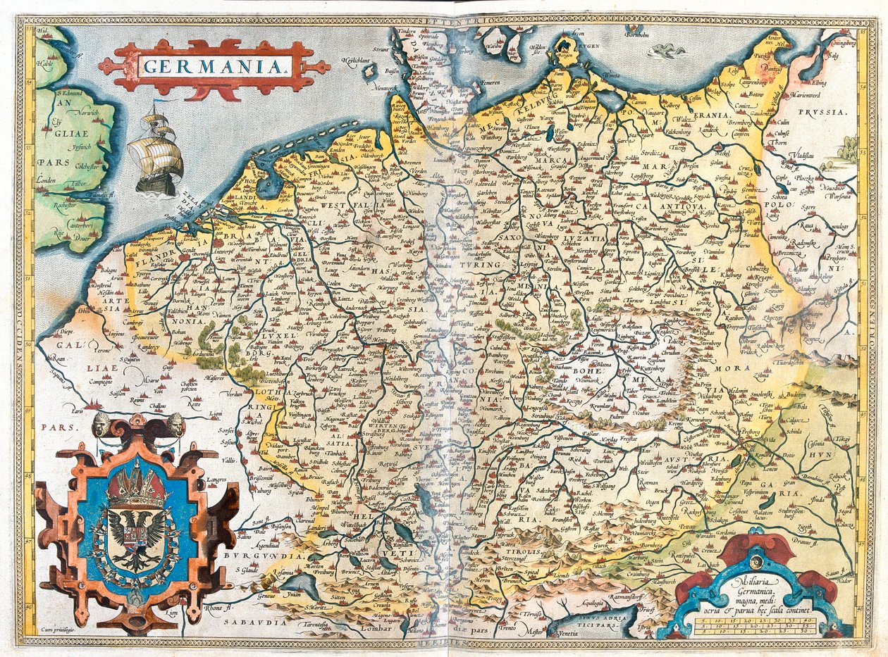 Francia (Región: Alta Normandía, Picardía, Norte-Paso de Calais, Île-de-France, Champaña-Ardenas, Lorena, Alsacia, Borgoña, Franco Condado, Ródano-Alpes), Bélgica, Países Bajos, Luxemburgo, Alemania, Polonia (Voivodato: Pomerania Occidental, Pomerania, Lub de Abraham Ortelius