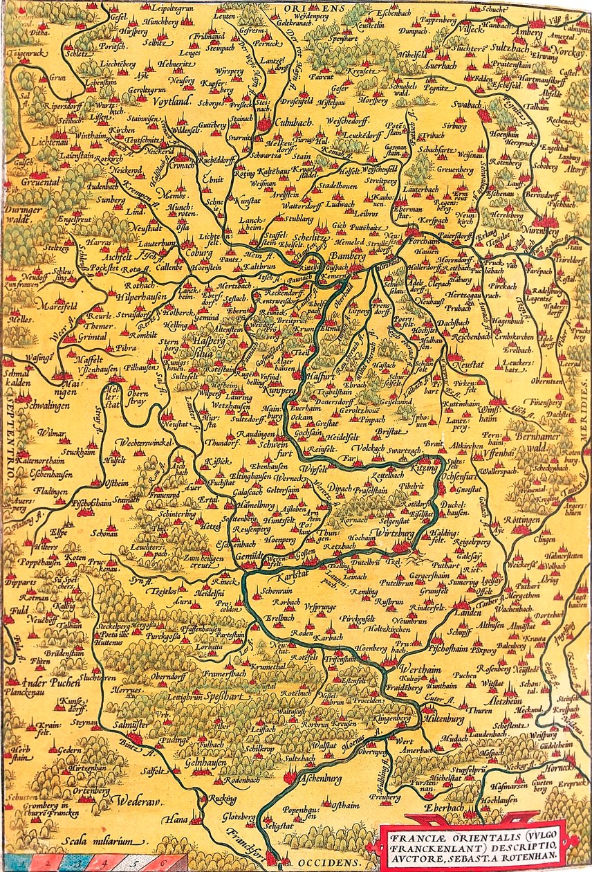 Franciae Orientalis (Vulgo/Franckenlant) Descriptio, Auctore, Sebast. A. Rotenhan Mapa geográfico del territorio de Franconia en Alemania con la ciudad de Frankfurt (también la ciudad de Karlstadt...) tomado de 