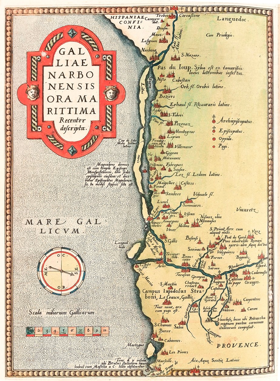 Galliae Narbonensis ora Marittima Recenter descripta Mapa geográfico del territorio de Narbona que va desde la ciudad de Narbona hasta Marsella pasando por Béziers, Montpellier, Arles... tomado del “Theatrum Orbis Terrarum” por Abraham Ortelius (Oertel, Or de Abraham Ortelius