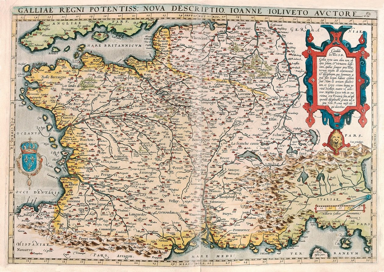 Galliae regni potentiss. nova descriptio. Ioanne Ioliveto auctore. Mapa geográfico del territorio de la Galia (Francia) de “Theatrum Orbis Terrarum” por Abraham Ortelius de Abraham Ortelius