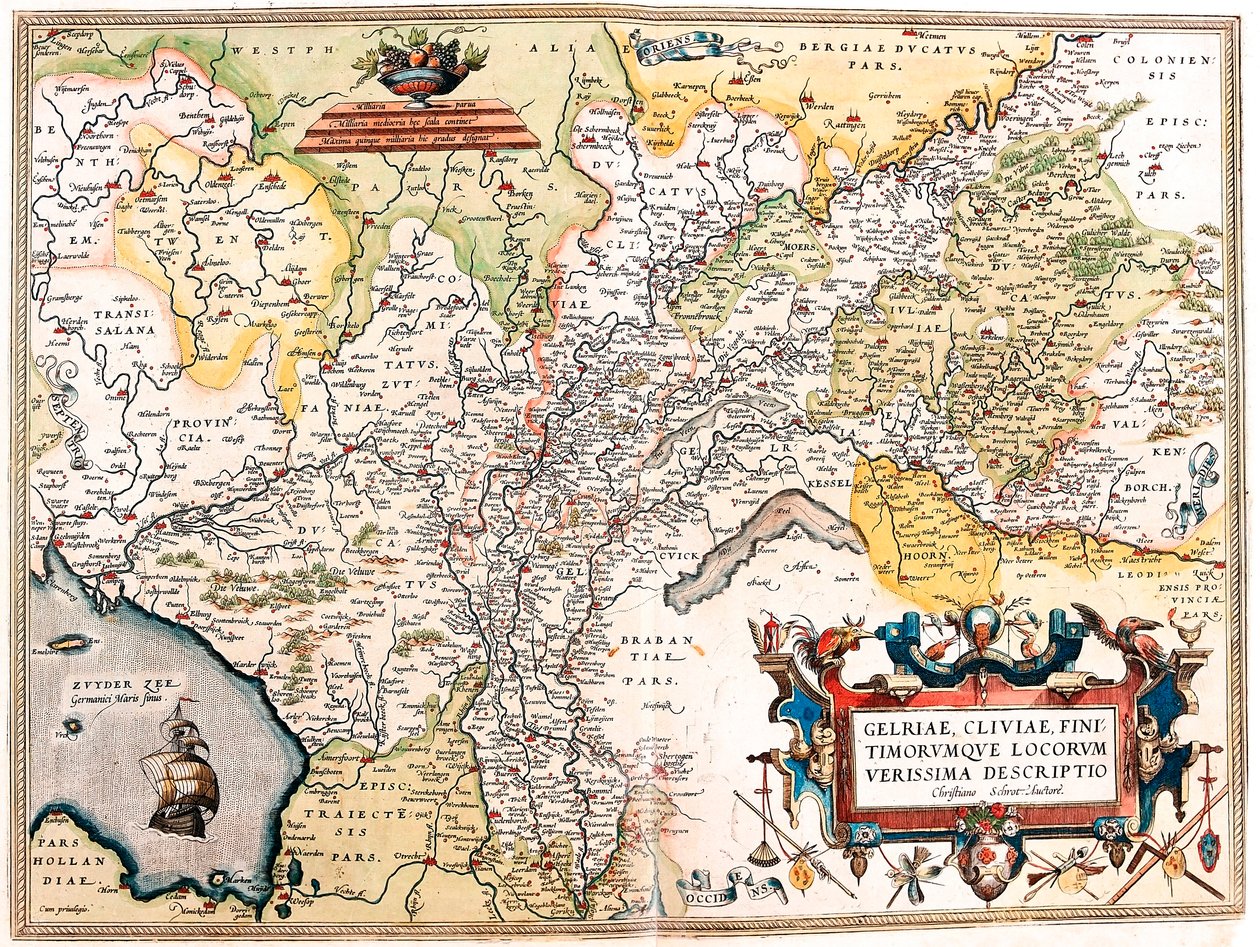 Gelriae, Cliviae, Finitimorum Qe Locorum Verissima Descriptio Christiano Schrot. Auctore. Mapa geográfico del territorio de los Países Bajos alemanes de 