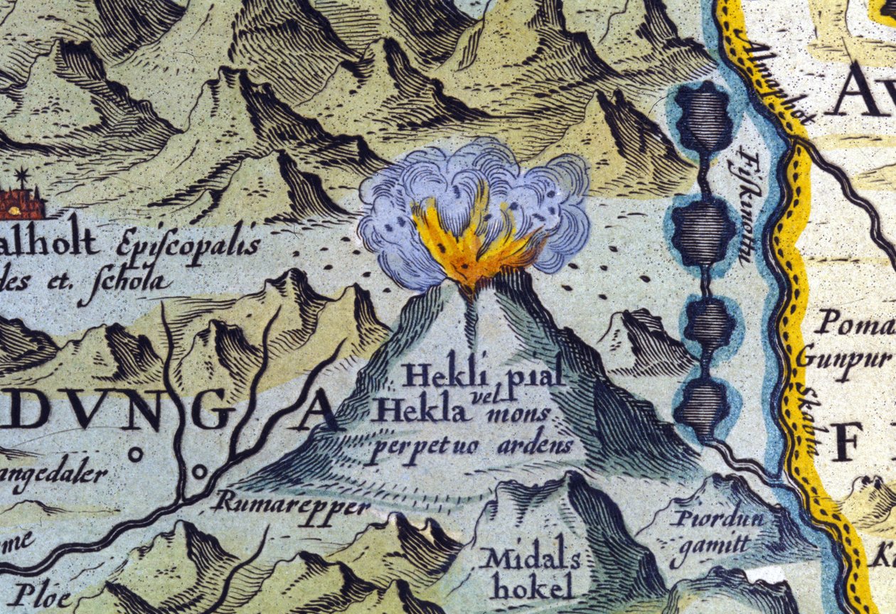 Volcán Hekla en Islandia. Atlas de Abraham Ortelius, Ámsterdam 1588 de Abraham Ortelius