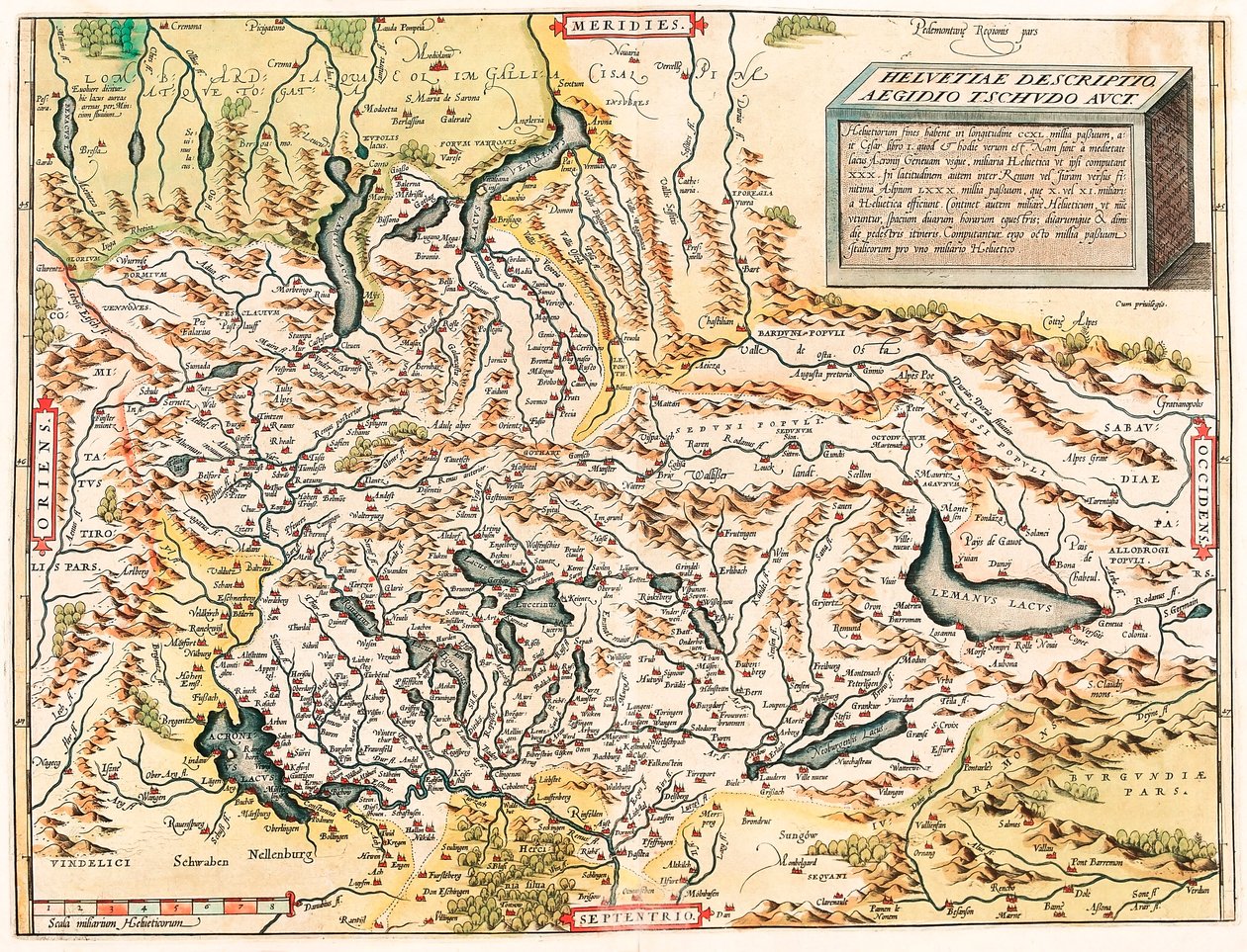 Mapa geográfico de los Alpes suizos y franceses incluyendo lagos de 