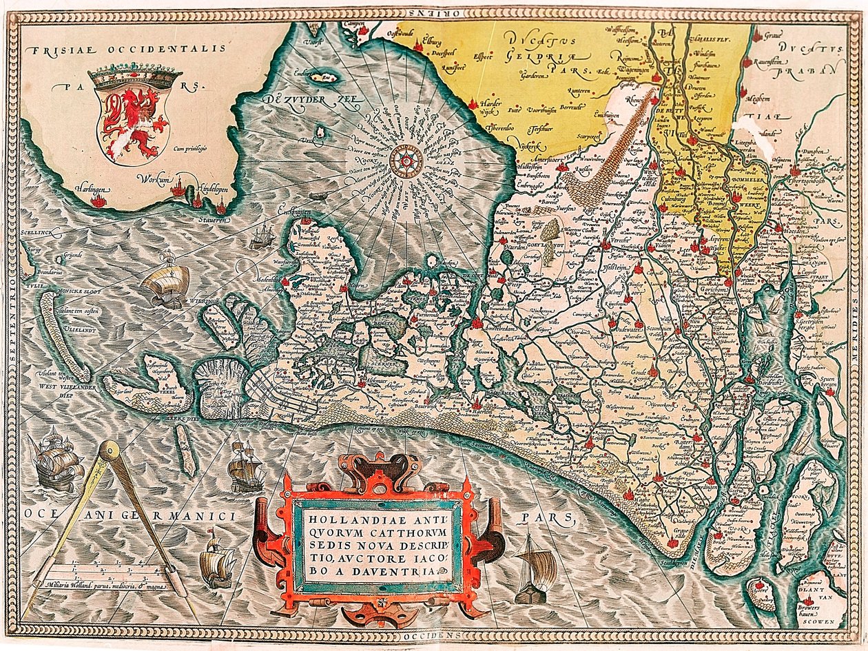 Hollandiae antiquorum catthorum sedis nova descriptio, auctore lacobo a daventria Mapa geográfico del territorio de los Países Bajos con las ciudades de Ámsterdam y Haarlem... tomado de 