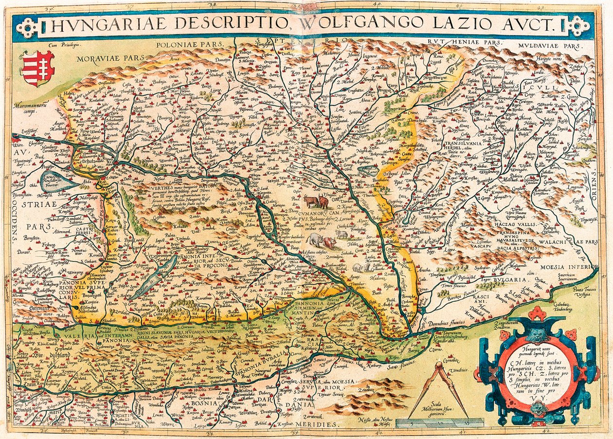Descripción de Hungría por Wolfgango Lazio. Mapa geográfico del territorio de Hungría de 