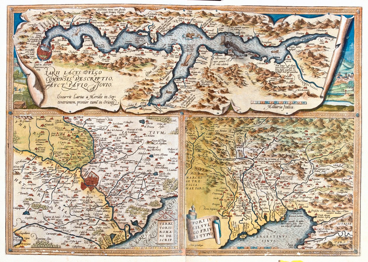 Lago de Como (Italia; región: Lombardía), Roma (Italia; región: Lacio), Golfo de Trieste (Italia: región Friul-Venecia Julia; Eslovenia: región tradicional Litoral esloveno; Croacia: condado de Istria). de Abraham Ortelius