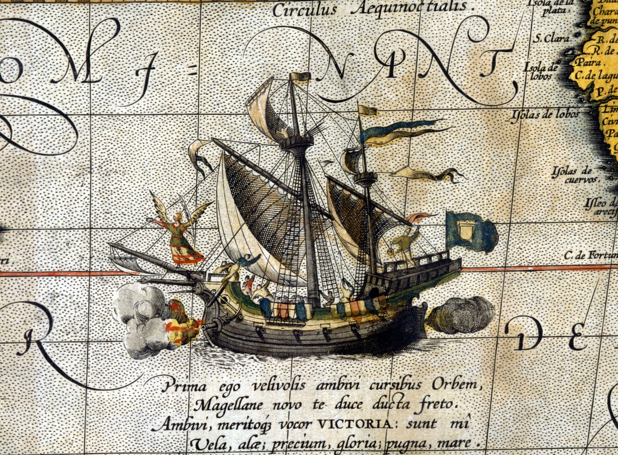 El barco de Magallanes “Victoria” que viajó por el Océano Pacífico representado en el atlas holandés de Abraham Ortelius (1580) de Abraham Ortelius