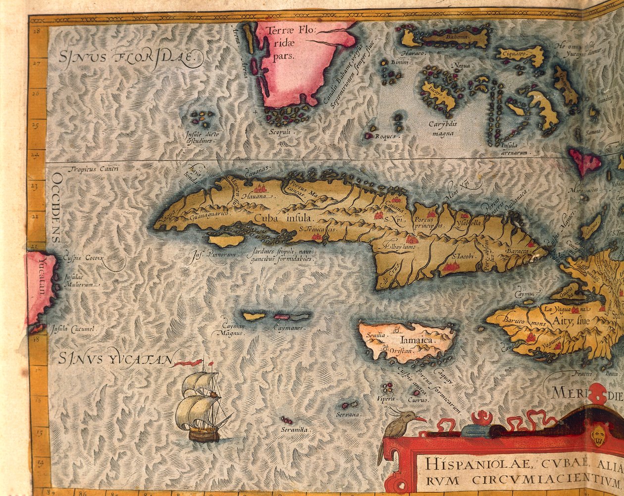 Mapa de Cuba y Jamaica, del Theatrum Orbis Terrarum por Abraham Ortelius, impreso en Amberes de Abraham Ortelius