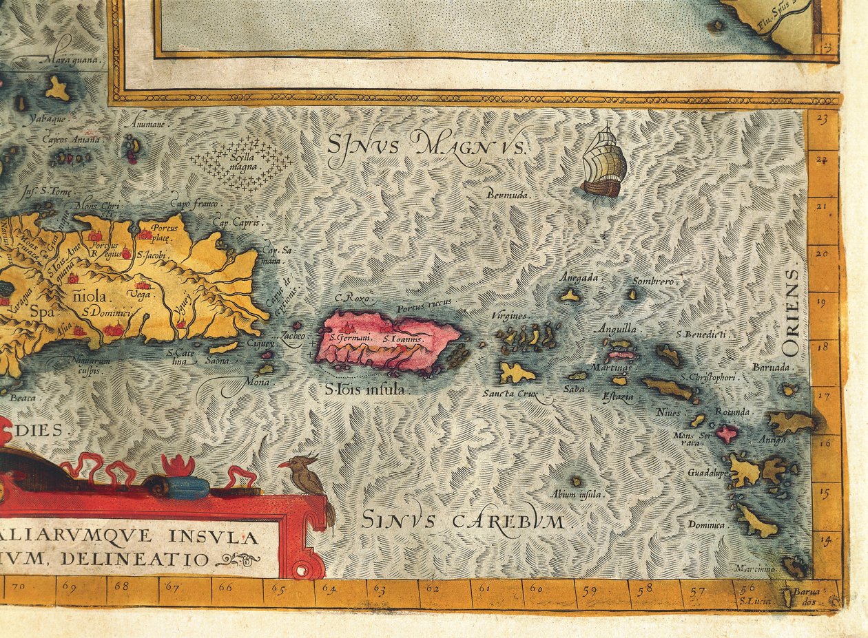 Mapa de la Isla de La Española, Santo Domingo, Puerto Rico y parte de las Antillas de Abraham Ortelius de Abraham Ortelius