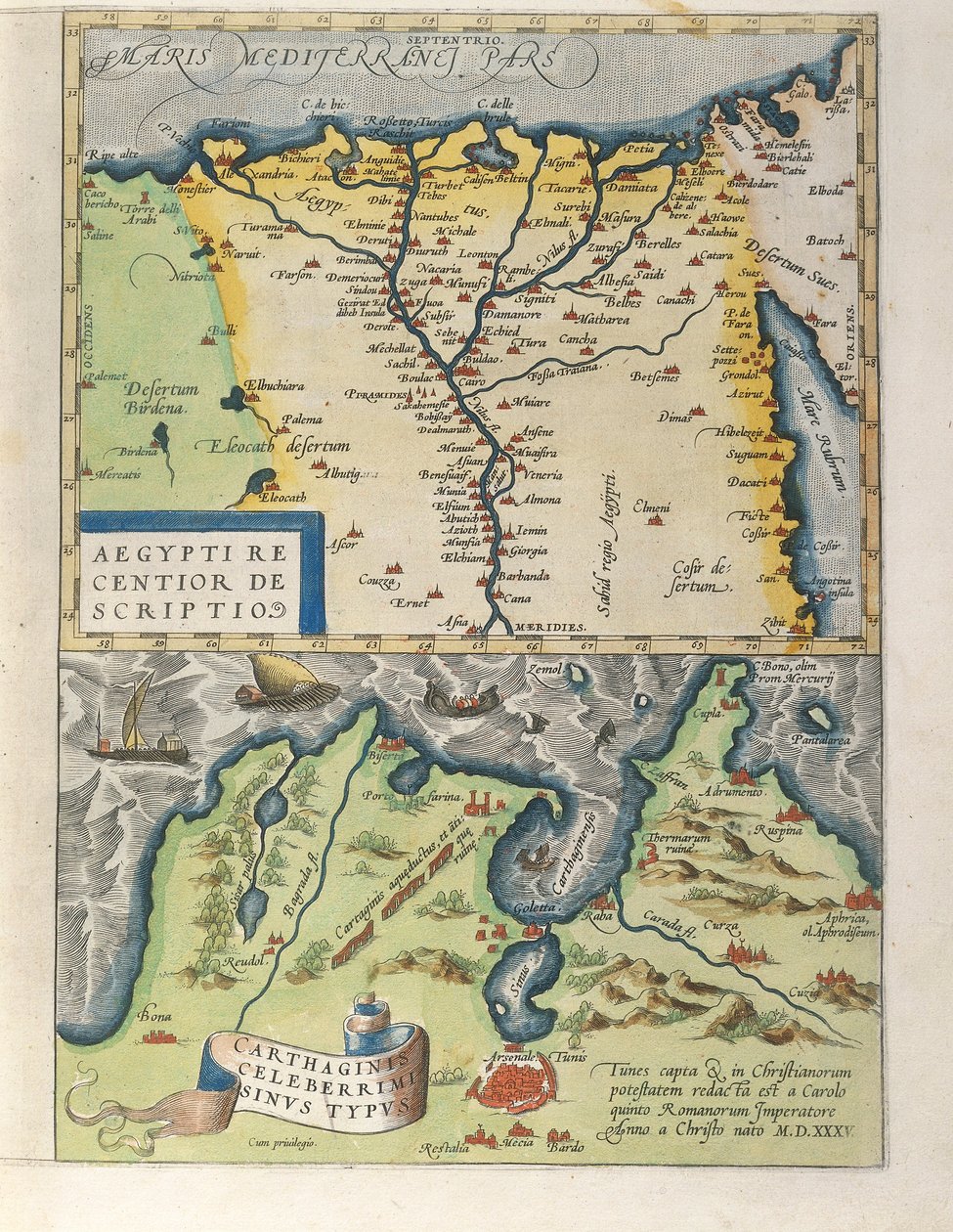Mapa del Delta del Nilo y de la antigua ciudad de Cartago de Abraham Ortelius