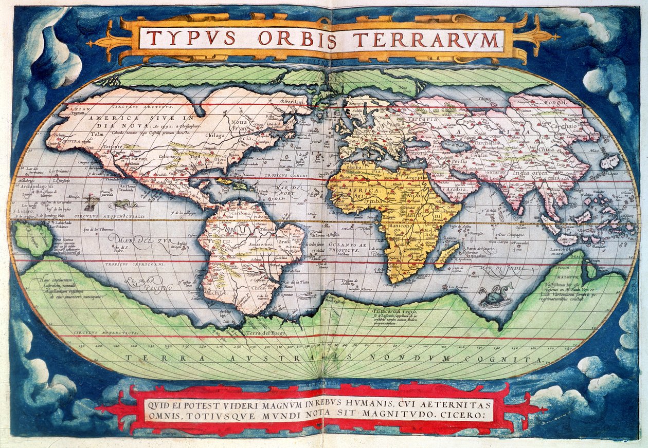 Mapa del mundo: "Typus Orbis Terrarum", del "Americasive New World" de Ortelius de Abraham Ortelius