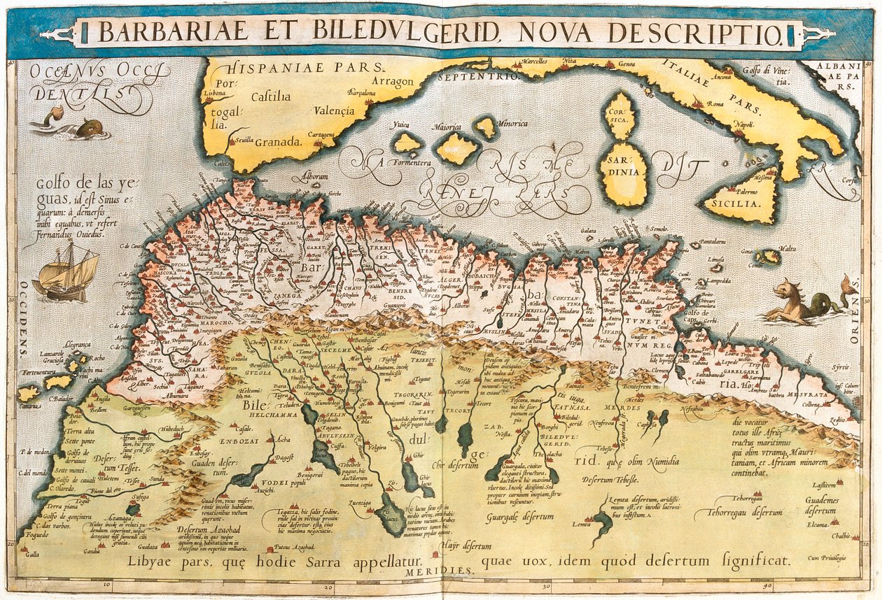 Marruecos, Argelia, Túnez, oeste de Libia, Sáhara occidental, Mauritania, Senegal, Malí, Níger de Abraham Ortelius