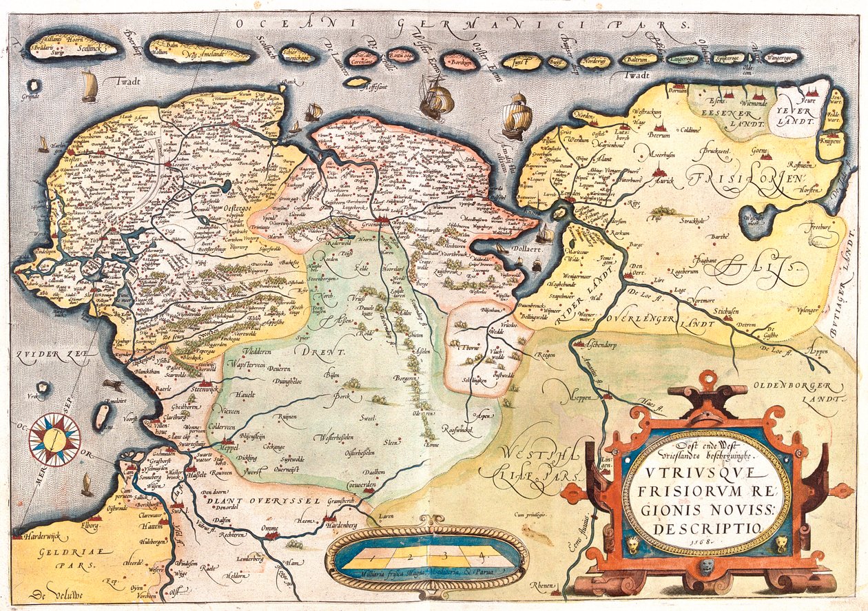 Países Bajos (Provincia: Overijssel, Flevoland, Drenthe, Frisia, Groninga), Alemania (Estado: Baja Sajonia, Renania del Norte-Westfalia) de Abraham Ortelius