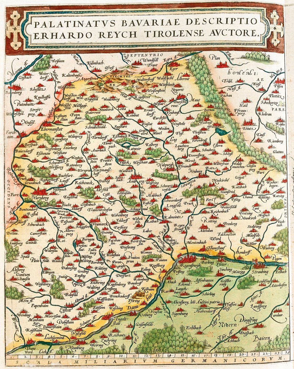 Descripción del Palatinado de Baviera por Erhardo Reych Tirolense. Mapa geográfico del territorio de Baviera en Alemania de 