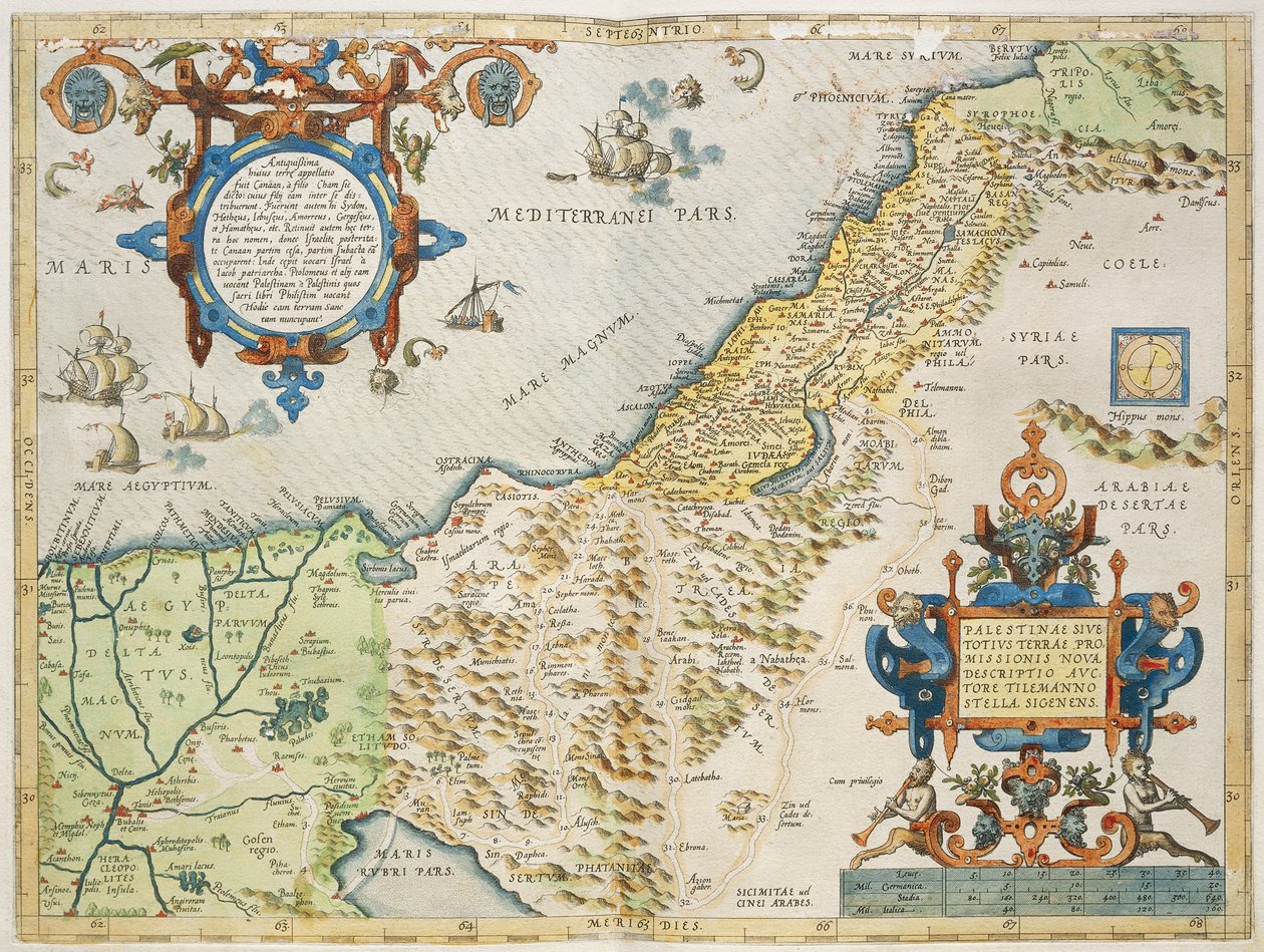 Palestina, por Abraham Ortelius, de Theatrum Orbis Terrarum, Amberes, placa de Abraham Ortelius