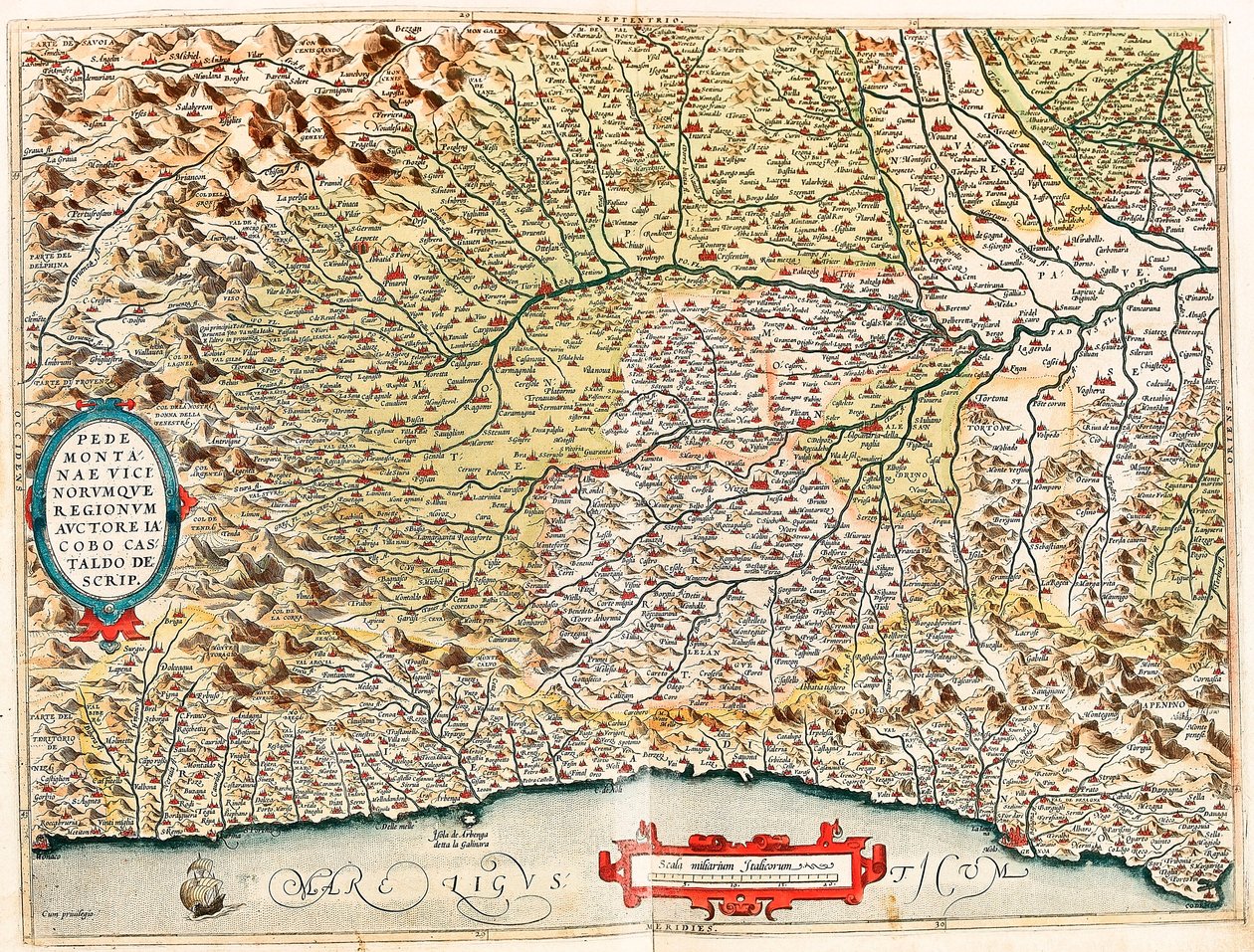Pedemontanae Vicinorumque Regionum Auctore Iacobo Castaldo Descrip. Mapa geográfico del territorio de Italia desde Mónaco en Francia hasta Génova pasando por las provincias de Imperia de Savona y Génova de 