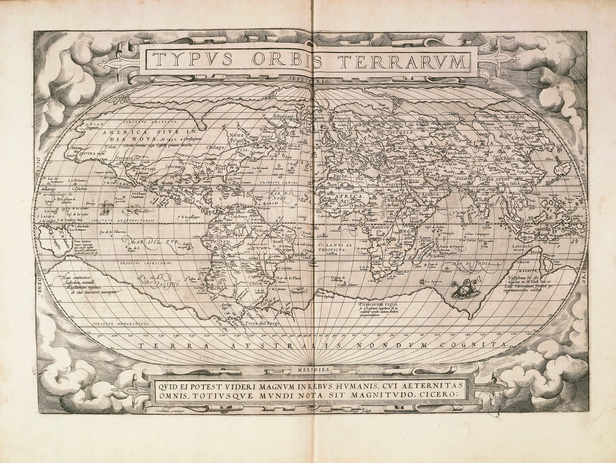 Planisferio de Theatrum Orbis Terrarum por Abraham Ortelius, impreso en Amberes de Abraham Ortelius