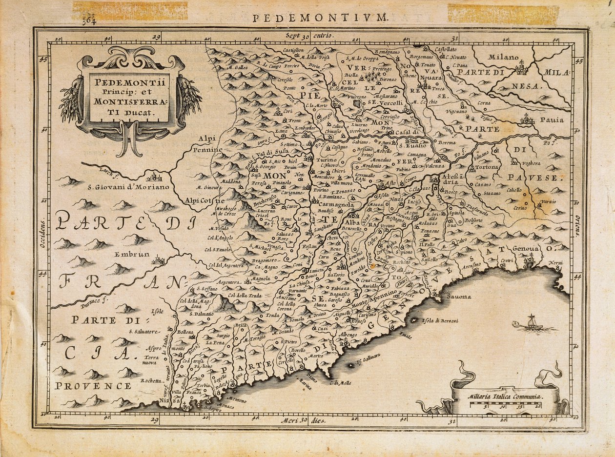 Principado de Piamonte, Ducado de Monferrato, Liguria Occidental y parte de la región de Liguria Oriental, de Theatrum Orbis Terrarum por Abraham Ortelius de Abraham Ortelius