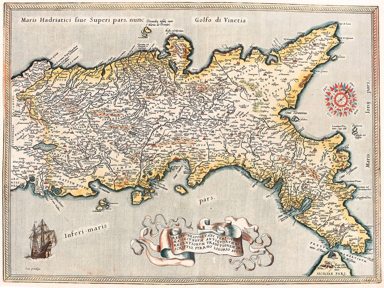 Regnii Neapolitani verissima secundum antiquorum et recentiorum traditionem descriptio, Pyrrho Ligorio auct. Mapa geográfico del territorio del Reino de Nápoles en Italia de “Theatrum Orbis Terrarum” de Abraham Ortelius de Abraham Ortelius