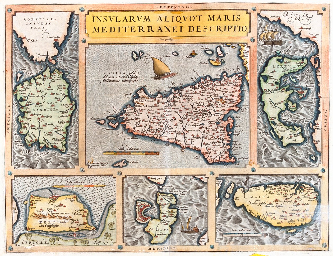 Cerdeña, Sicilia, Corfú, Djerba, Elba, Malta, Italia, Grecia, Túnez de Abraham Ortelius