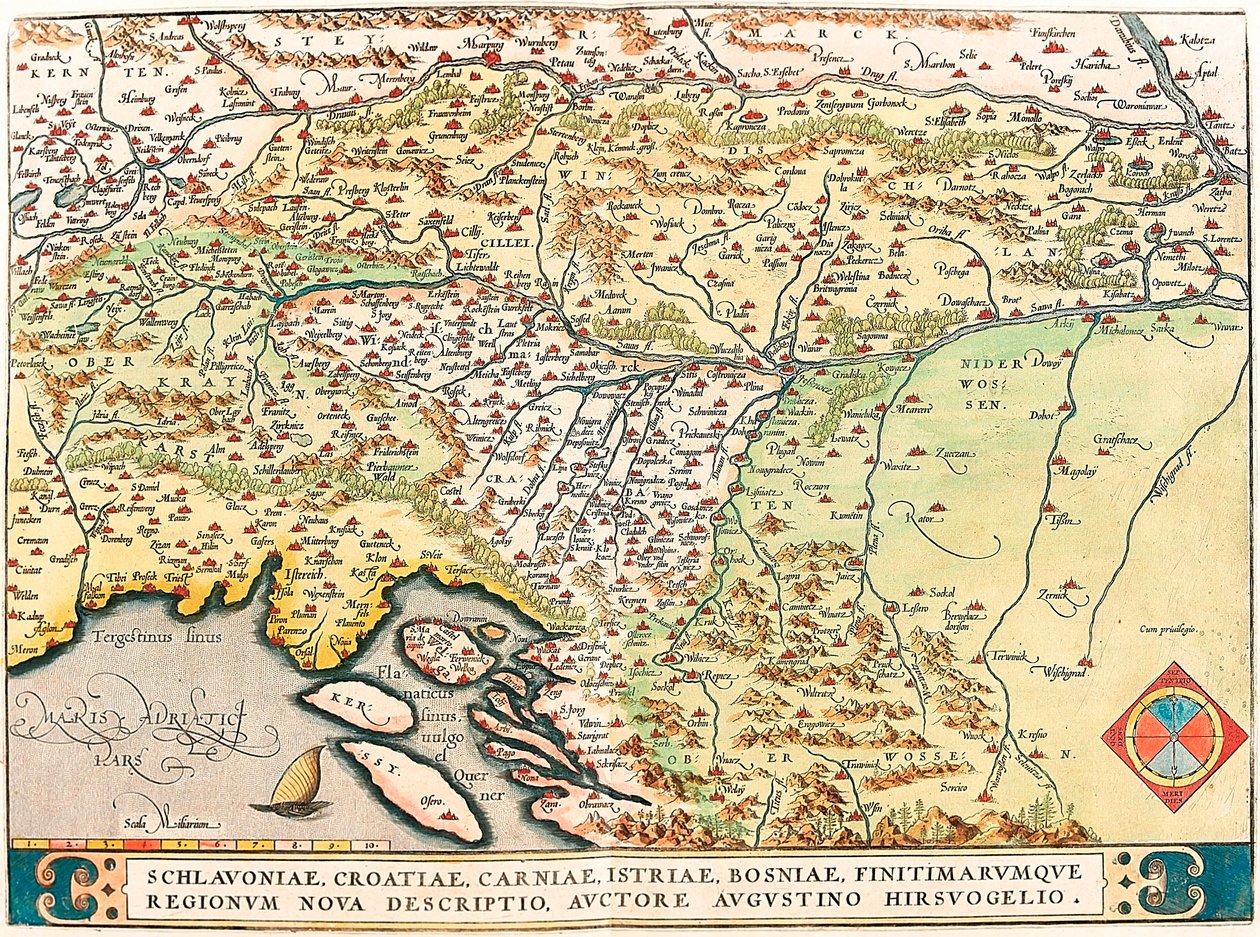 Schlavoniae, Croatiae, Carniae, Istriae, Bosniae, Finitimarumque Regionum Nova Descriptio, Auctore Augustino Hirsuogelio Mapa geográfico de los territorios de Eslavonia, Croacia, Bosnia y Dalmacia de “Theatrum Orbis Terrarum” de Abraham Ortelius de Abraham Ortelius