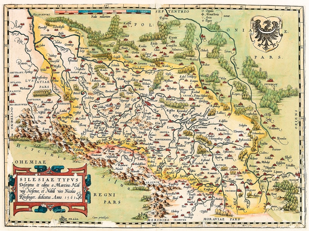Silesia Typus Descriptio y Descriptus et editus Martino Heilwid Neilsense, y Nobili viro Nicolao Rhedinger dedicatus Anno 1561 Mapa geográfico del territorio al sur de Frankfurt en Alemania cerca de Polonia de “Theatrum Orbis Terrarum” de Abraham Ortelius de Abraham Ortelius