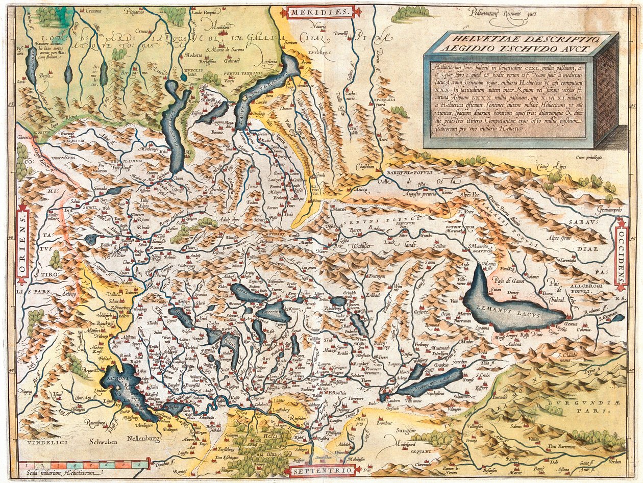 Suiza, Alemania (Estado: Baden-Wurtemberg, Baviera), Austria (Estado: Voralberg), Liechtenstein, Italia (Región: Trentino-Alto Adigio, Lombardía, Piamonte, Valle de Aosta), Francia (Región: Franco Condado, Ródano-Alpes, Alsacia), de Abraham Ortelius
