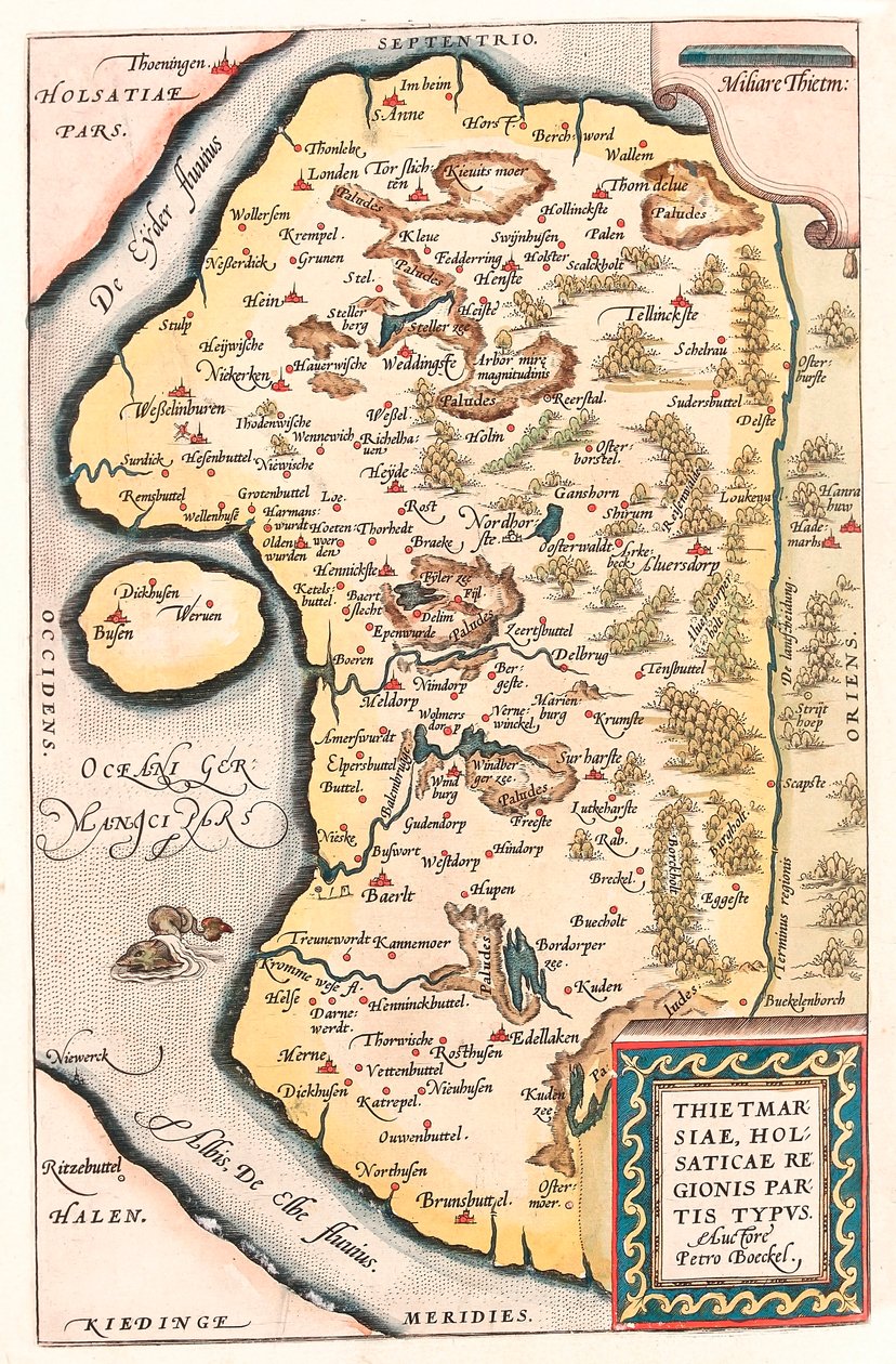 Thietmarsiae, Holsaticae regionis partes typus Mapa geográfico del norte de Alemania con la ciudad de Kuden tomado del Theatrum Orbis Terrarum por Abraham Ortelius de Abraham Ortelius