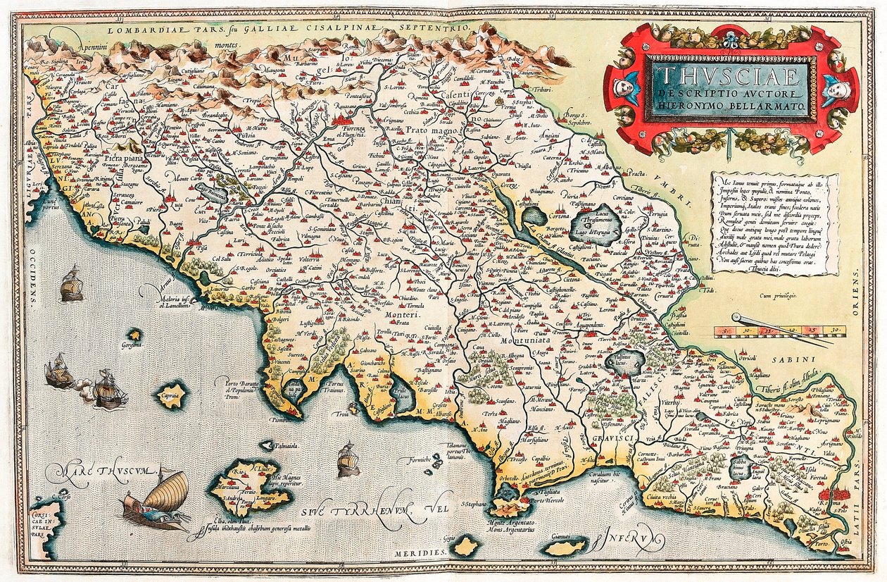 Thusciae. Descriptio auctore Hieronymo Bellamarto Mapa geográfico del territorio de Toscana en Italia de “Theatrum Orbis Terrarum” por Abraham Ortelius de Abraham Ortelius