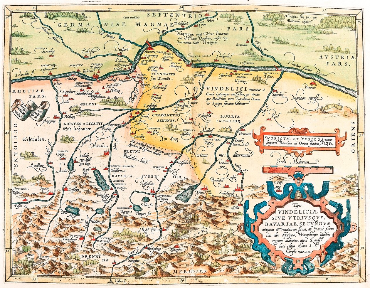 Typus Vindeliciae Ssive Utriusque Bavariae: Secundum antiquam & recentiorum situm, ab Joanne Aventino olim descriptus... Mapa geográfico del territorio de Baviera en Alemania de “Theatrum Orbis Terrarum” de Abraham Ortelius de Abraham Ortelius
