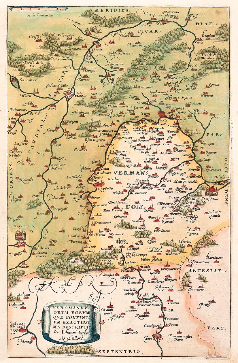 Veromanuorum Eorum que Confinium Accurssima Descript Mapa geográfico del territorio de Vermandois y Picardía en la Galia (Francia) de “Theatrum Orbis Terrarum” de Abraham Ortelius de Abraham Ortelius