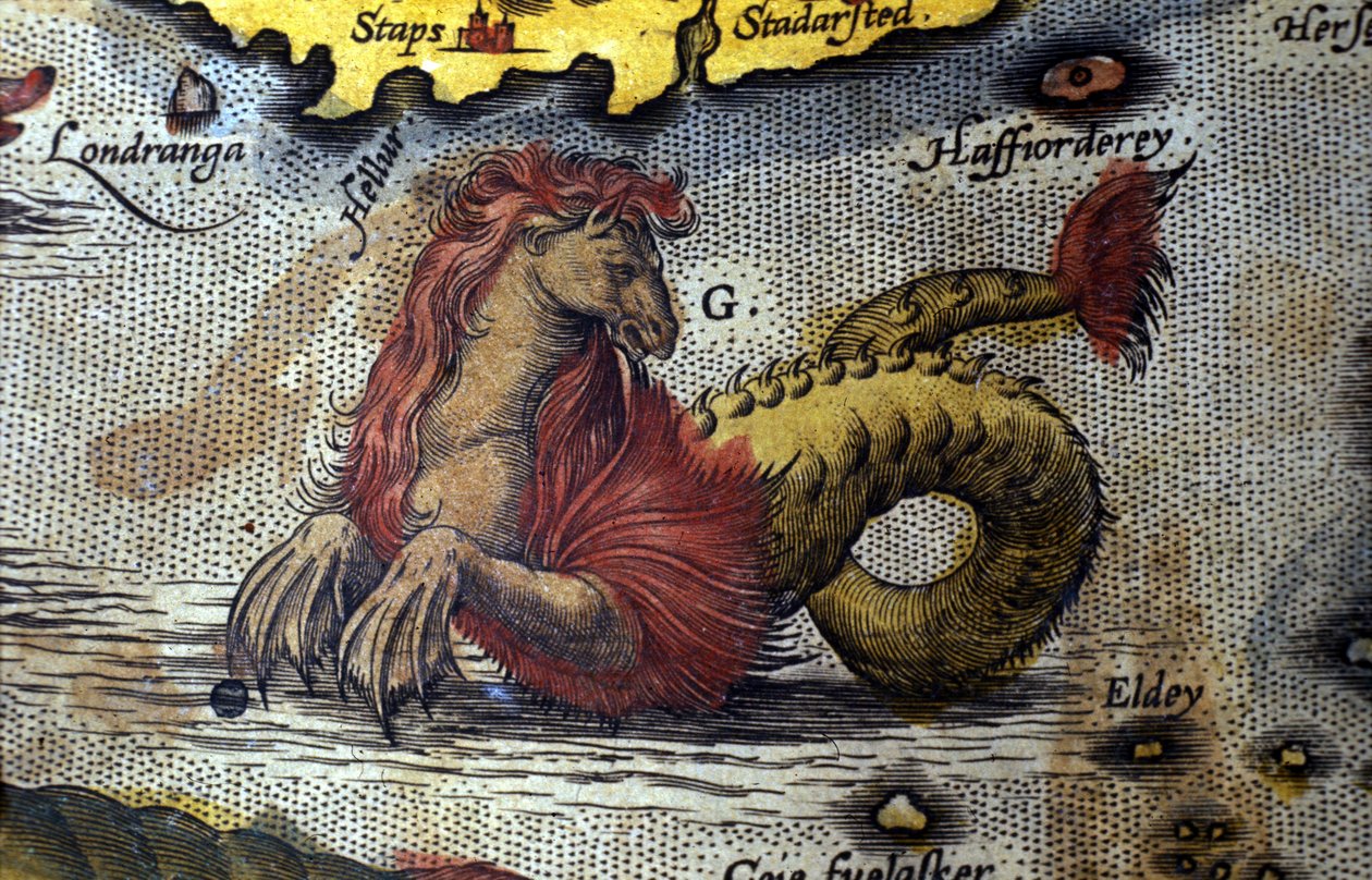 Representación de un monstruo marino mitad caballo mitad serpiente marina. Lámina de una edición de “Theatrum Orbis Terrarum” del cartógrafo Abraham Ortelius (1527-1598) de Abraham Ortelius