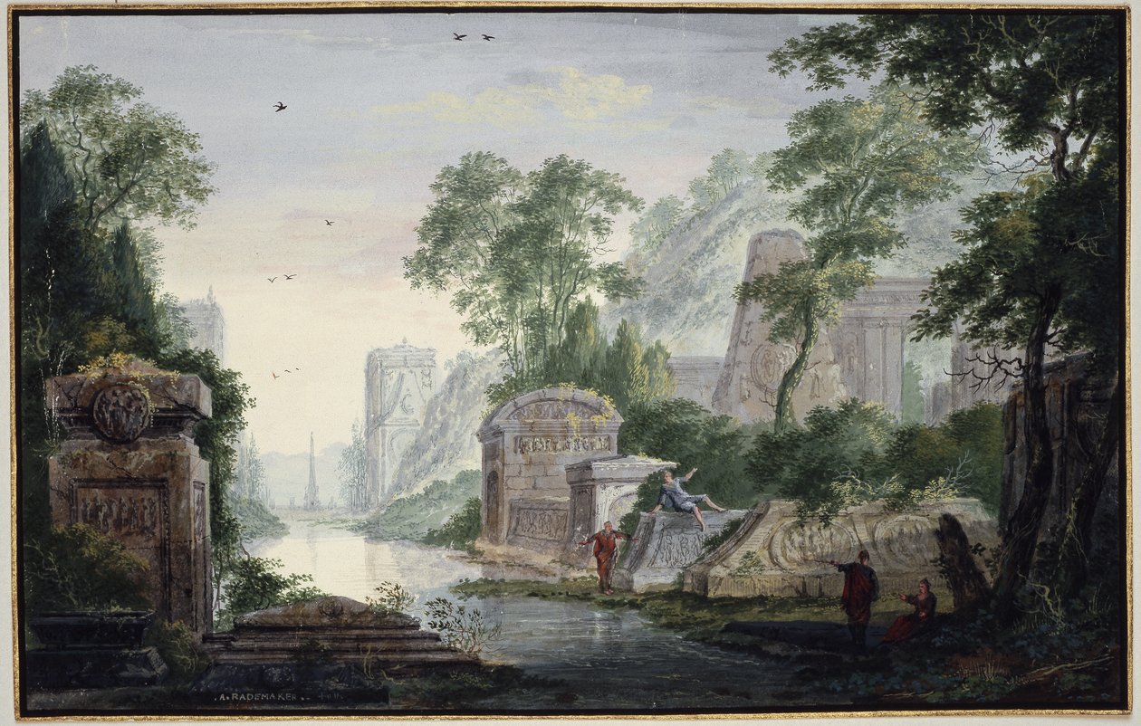 Antiguas ruinas sepulcrales en un paisaje fluvial de Abraham Rademaker