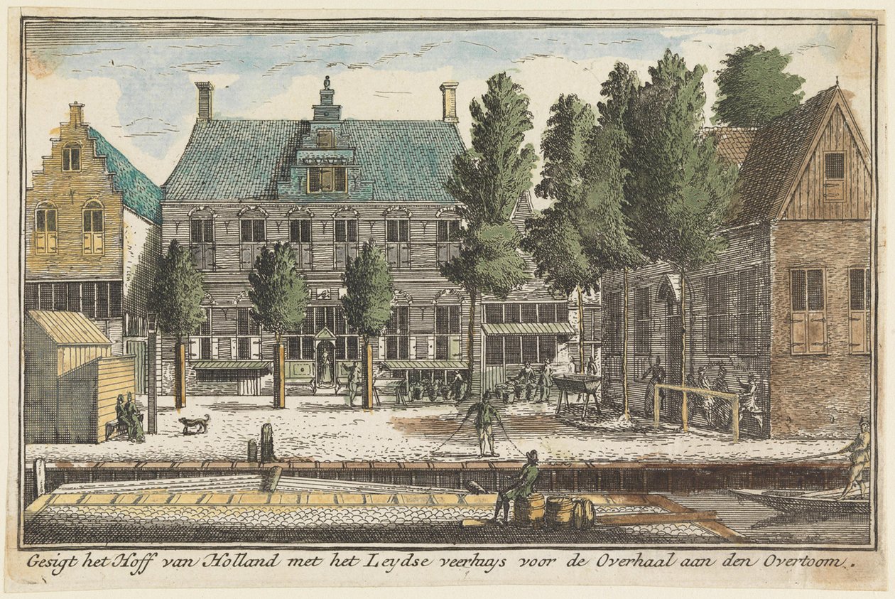 Vista de la Corte de Holanda con la casa del transbordador de Leiden antes del cruce en el Overtoom de Abraham Rademaker
