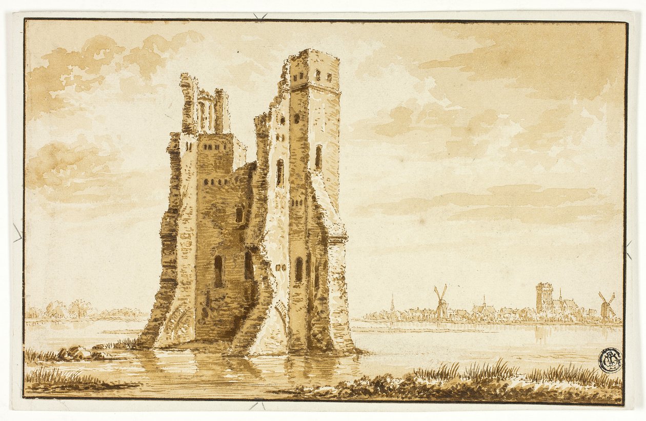 Ruinas de la mansión Merwede vistas desde el frente con Dordrecht al fondo de Abraham Rademaker