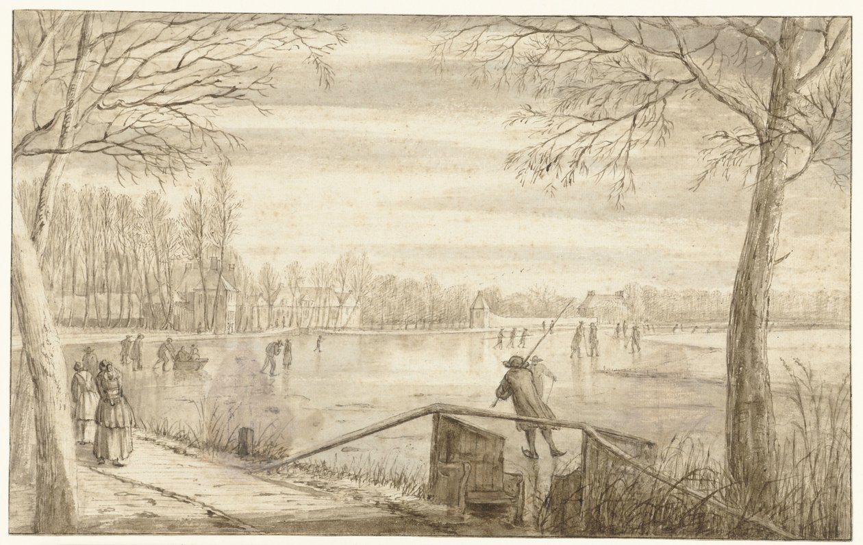 Patinadores en el río Vecht, cerca de Maarssen, con los estados de Daelwijck y Vechthoven en la distancia de Abraham Rutgers