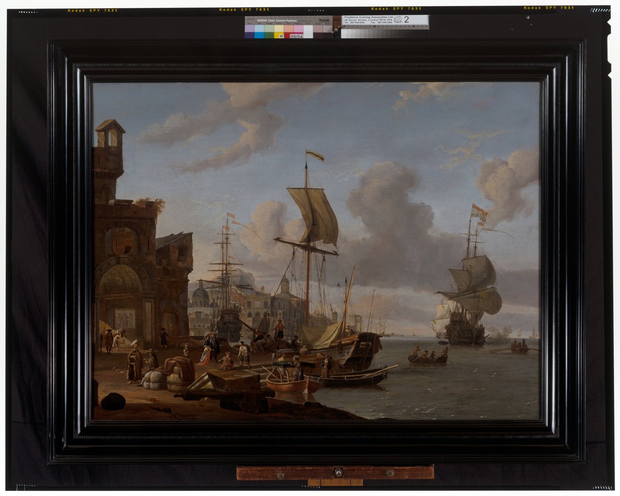 Capricho portuario mediterráneo con mercaderes y otras figuras en el muelle de Abraham Storck