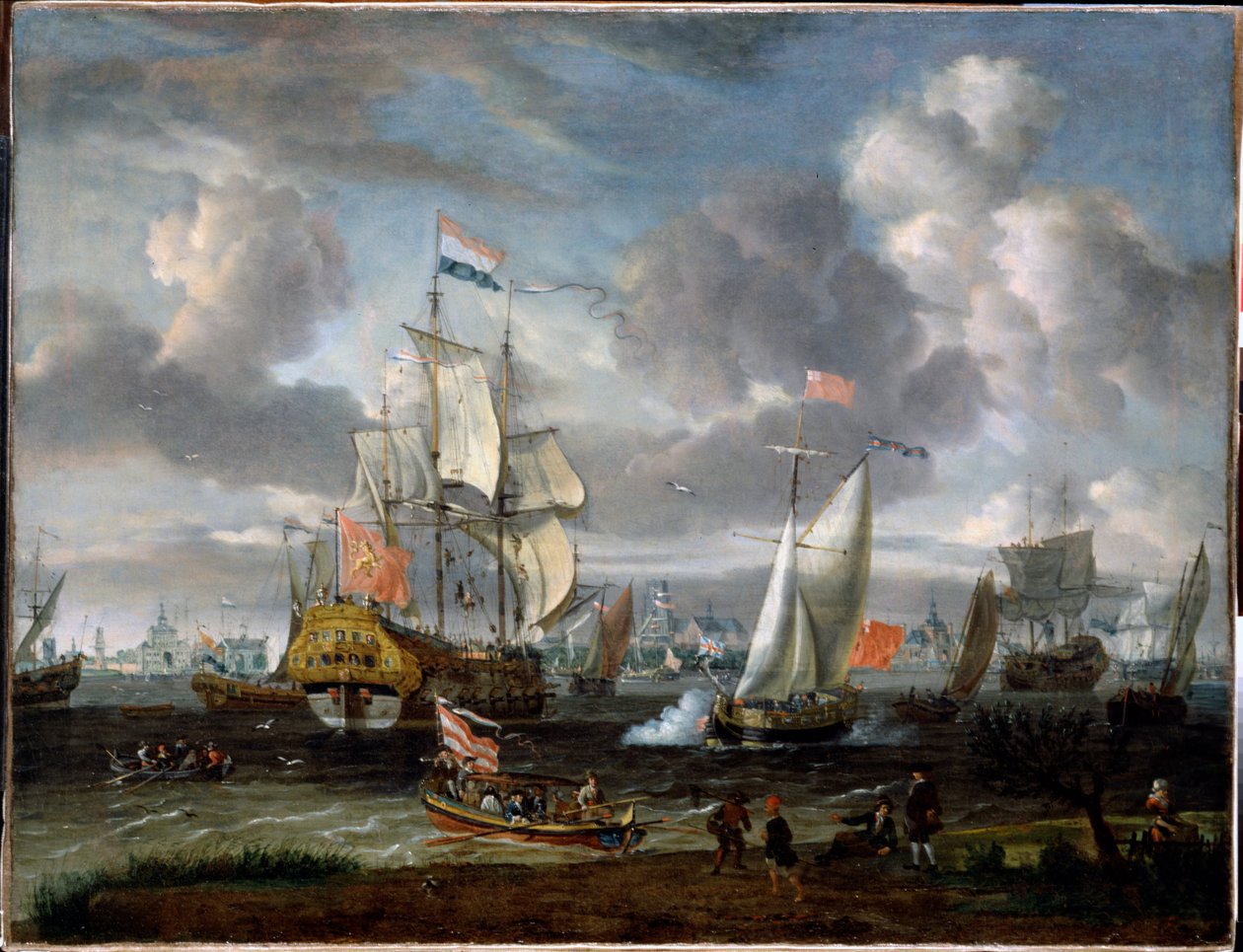 Un yate inglés saludando a un buque de guerra holandés en el puerto de Róterdam  de Abraham Storck