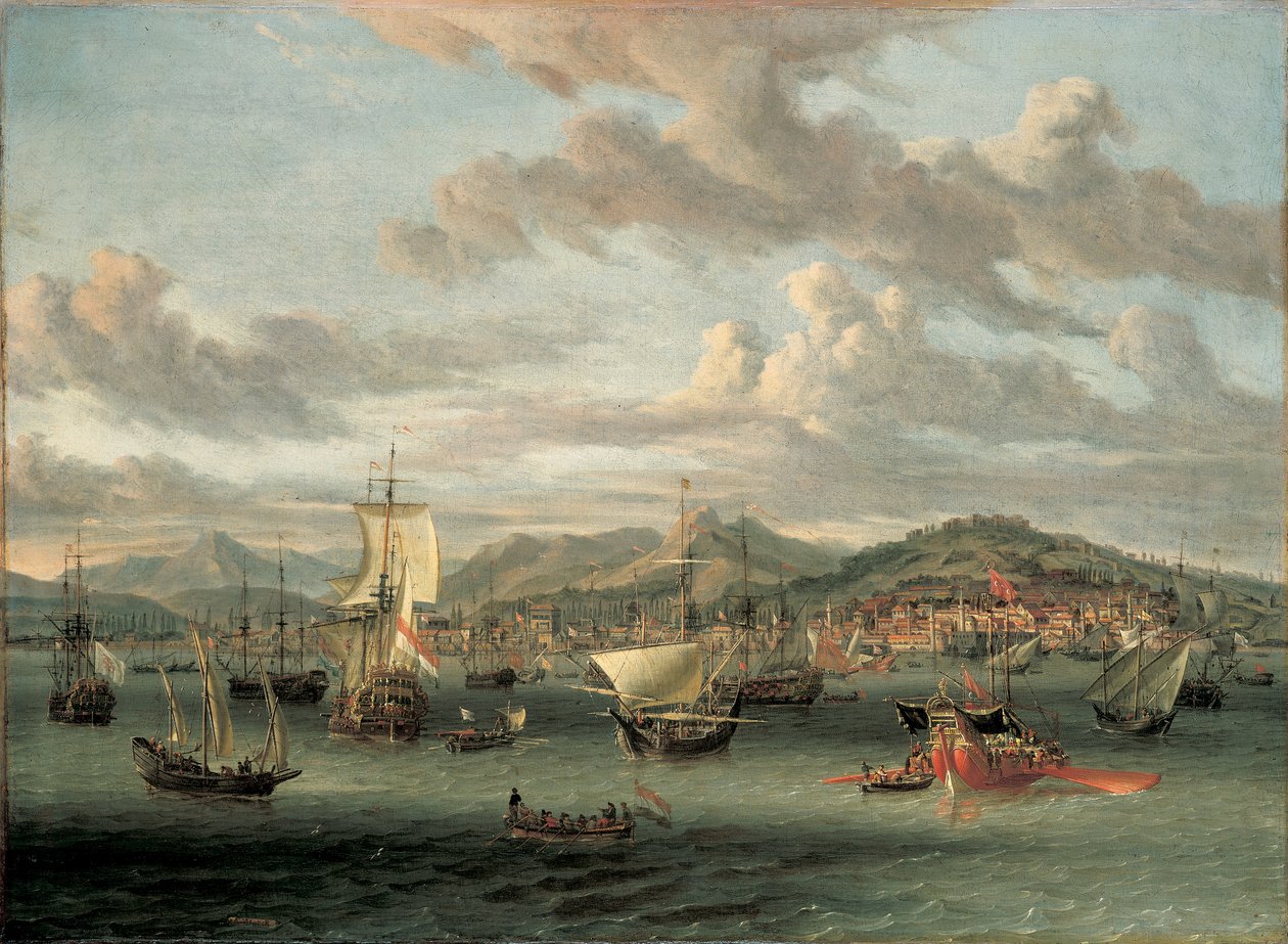 Barcos Holandeses en la Bahía de Esmirna con una Barca Estatal de Abraham Storck