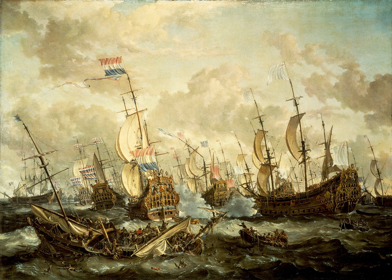 El HMS "Royal Prince" y otros buques en la Batalla de los Cuatro Días de Abraham Storck