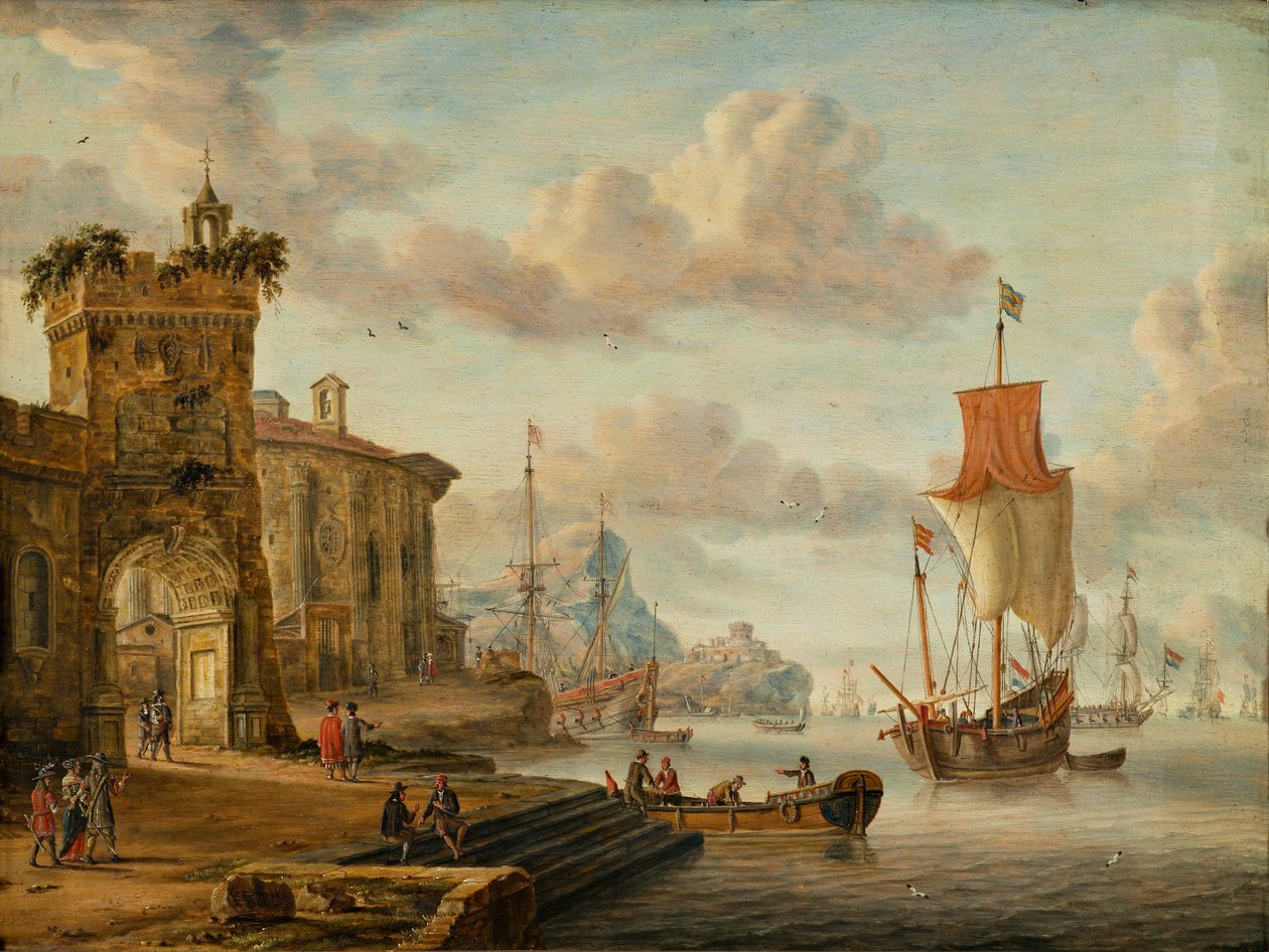 Escena portuaria con ruinas antiguas de Abraham Storck