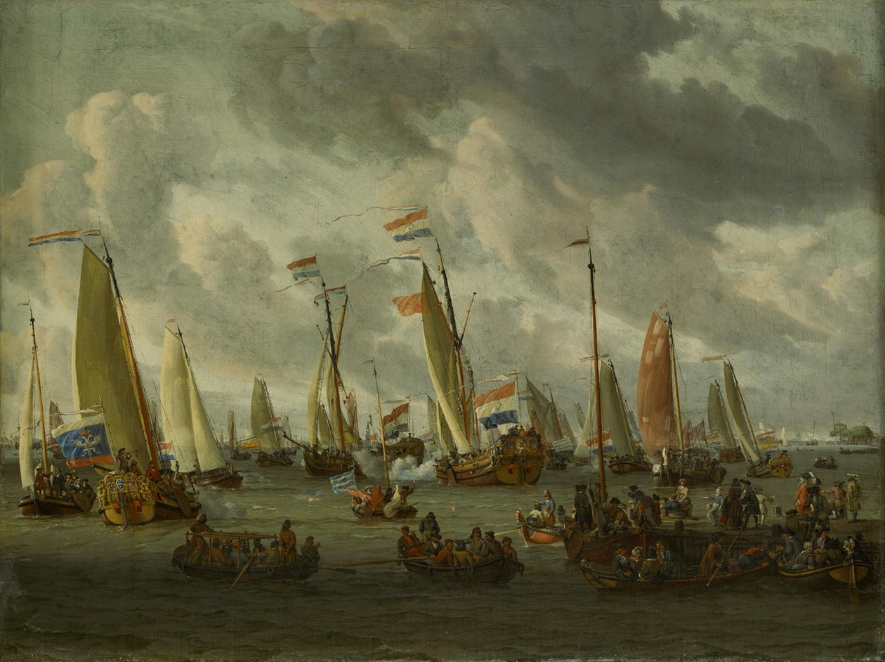 La batalla naval simulada en el IJ en honor de la embajada de Moscú (1 de septiembre de 1697) de Abraham Storck