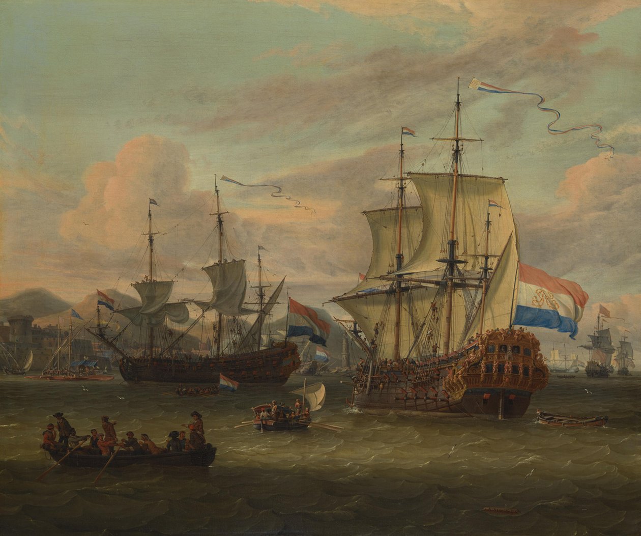 Barcos de cabotaje holandeses en un puerto del Mediterráneo de Abraham Storck