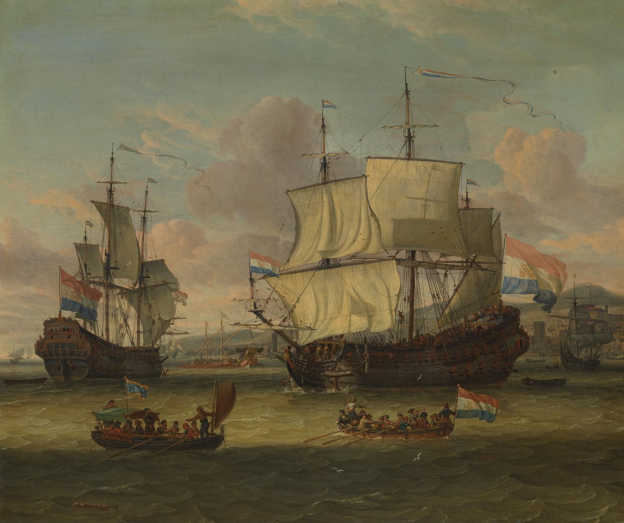 Barcos de cabotaje holandeses en un puerto del Mediterráneo de Abraham Storck