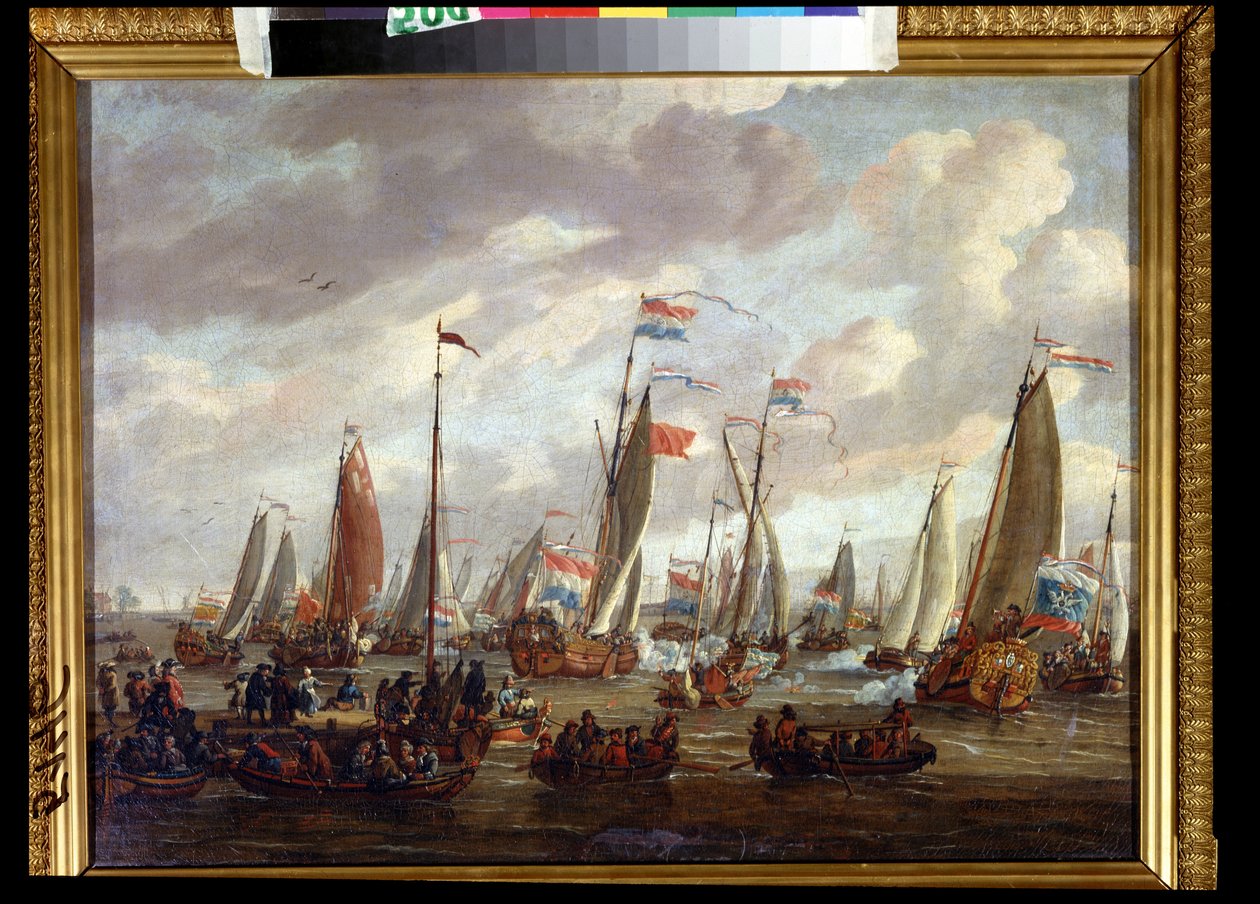 El zar Pedro I visitando Inglaterra en enero de 1698 (el zar Pedro I visitando Inglaterra en enero de 1698). Pedro I de Rusia, Piotr Alekseevich Romanov o Pedro el Grande (1672-1725). Pintura de Abraham Storck (1635-1710). Óleo sobre lienzo, 48 x 64 cm, de de Abraham Storck
