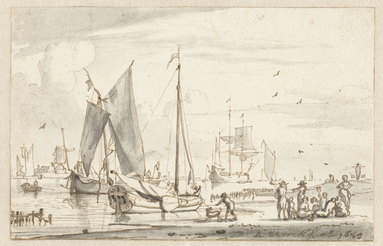 Orilla del río con algunos barcos de Abraham Storck