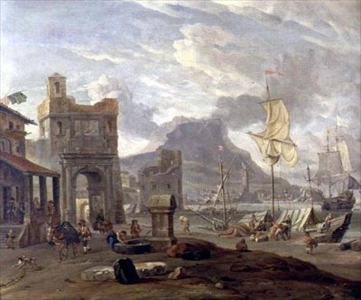 Puerto marítimo con grandes y pequeños barcos de Abraham Storck