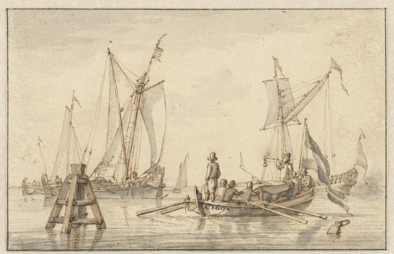 Mar silencioso con algunos barcos de Abraham Storck