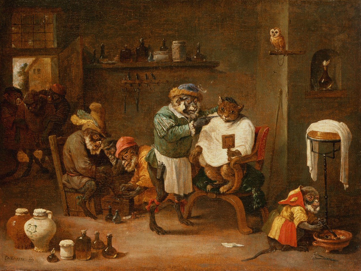 Un Gato en una Barbería dirigida por Monos de Abraham Teniers