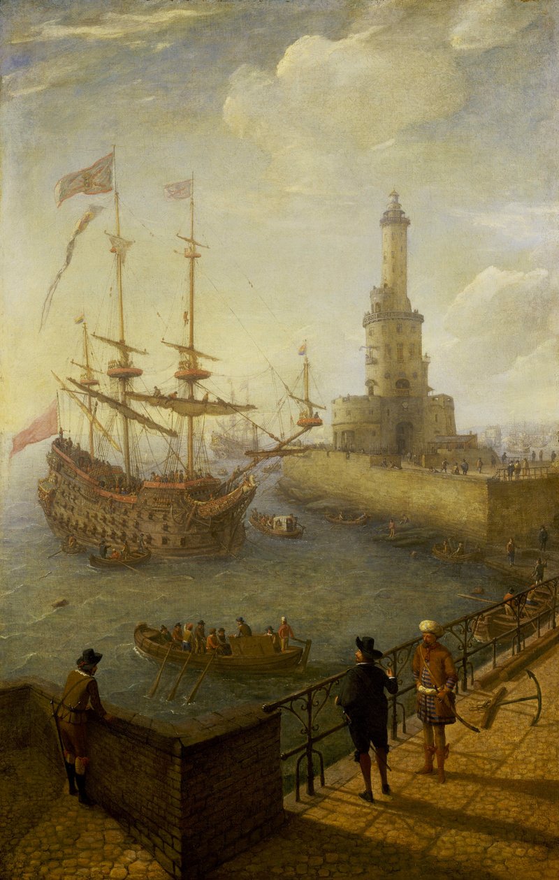 Un barco español de tres mástiles fondeado frente a la costa de Nápoles (Italia), visto desde un muelle pavimentado de la ciudad, hacia el faro y los edificios del puerto mediterráneo. de Abraham Willaerts